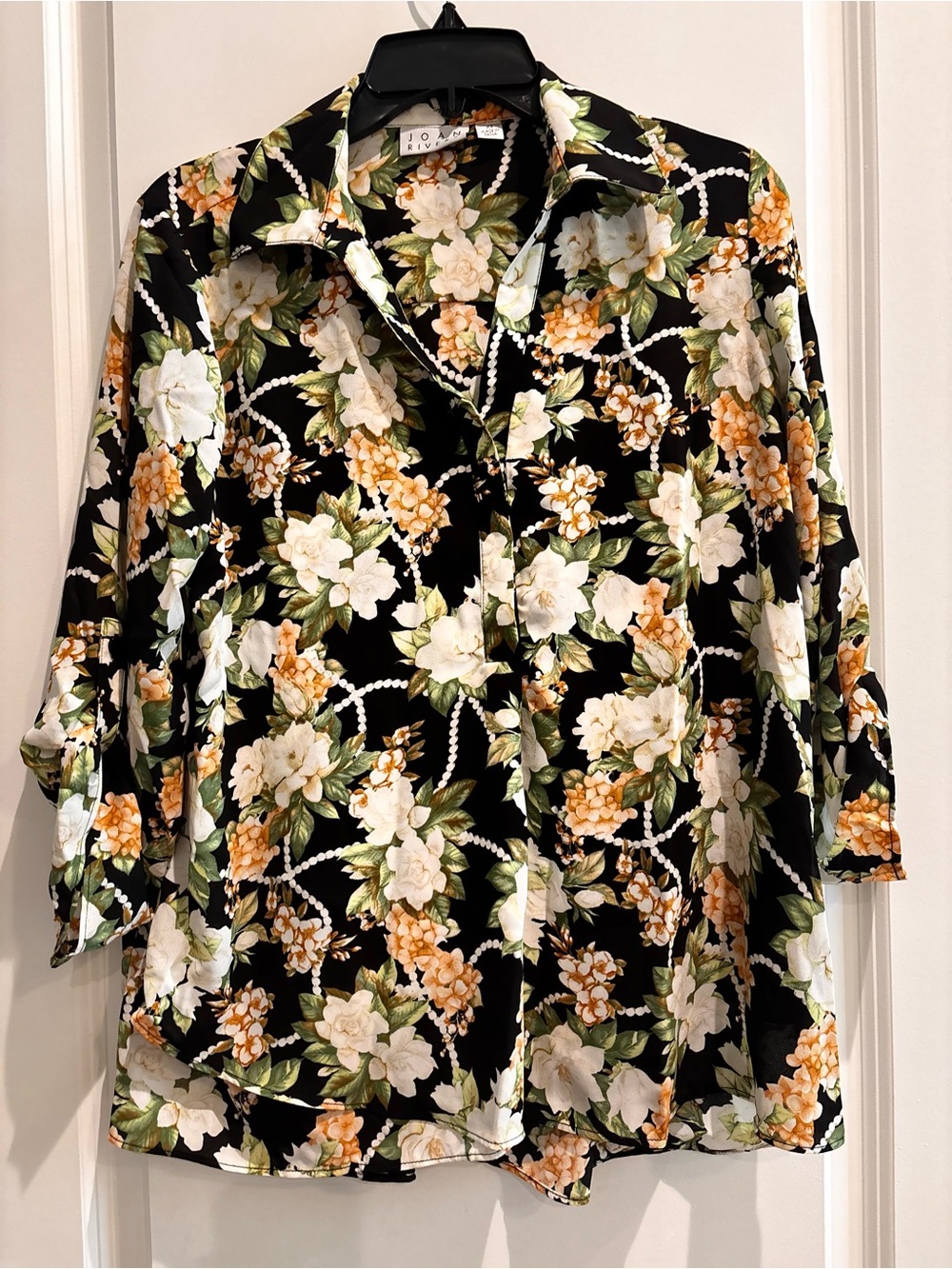 Joan Rivers Floral Blouse XS Gardenia Roll Tab Sleeve Office Chic Top